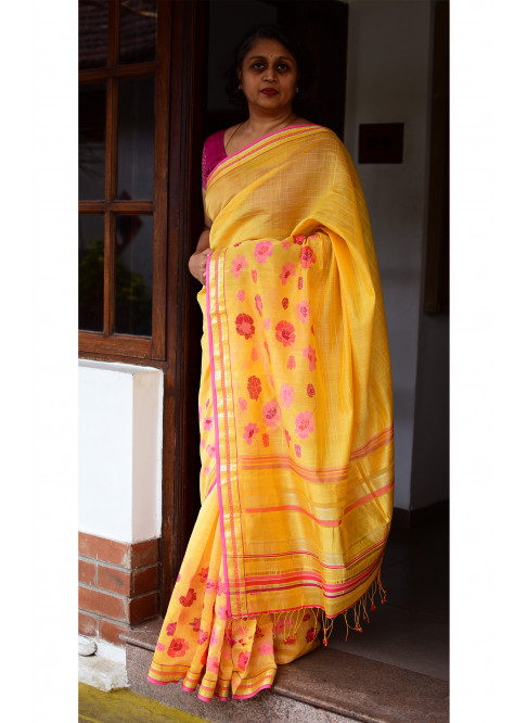 Mustard Yellow, Handwoven Organic Cotton, Textured Weave , Jacquard Handpicked, Festive Wear, Jari Saree